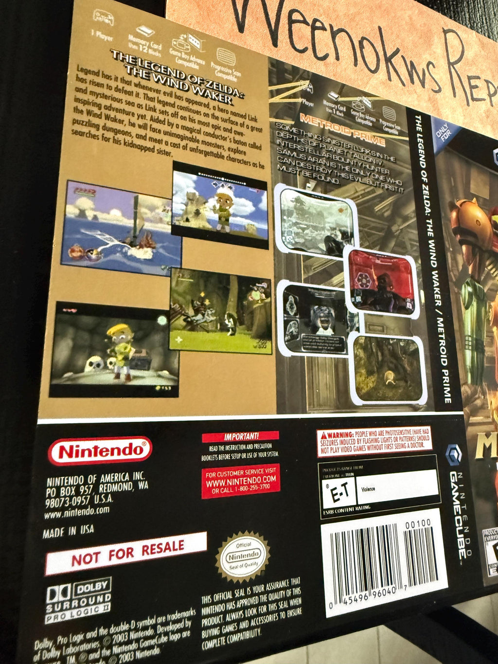 The Legend of Zelda Windwaker and Metroid Prime REPLACEMENT Art Only No Case! GameCube