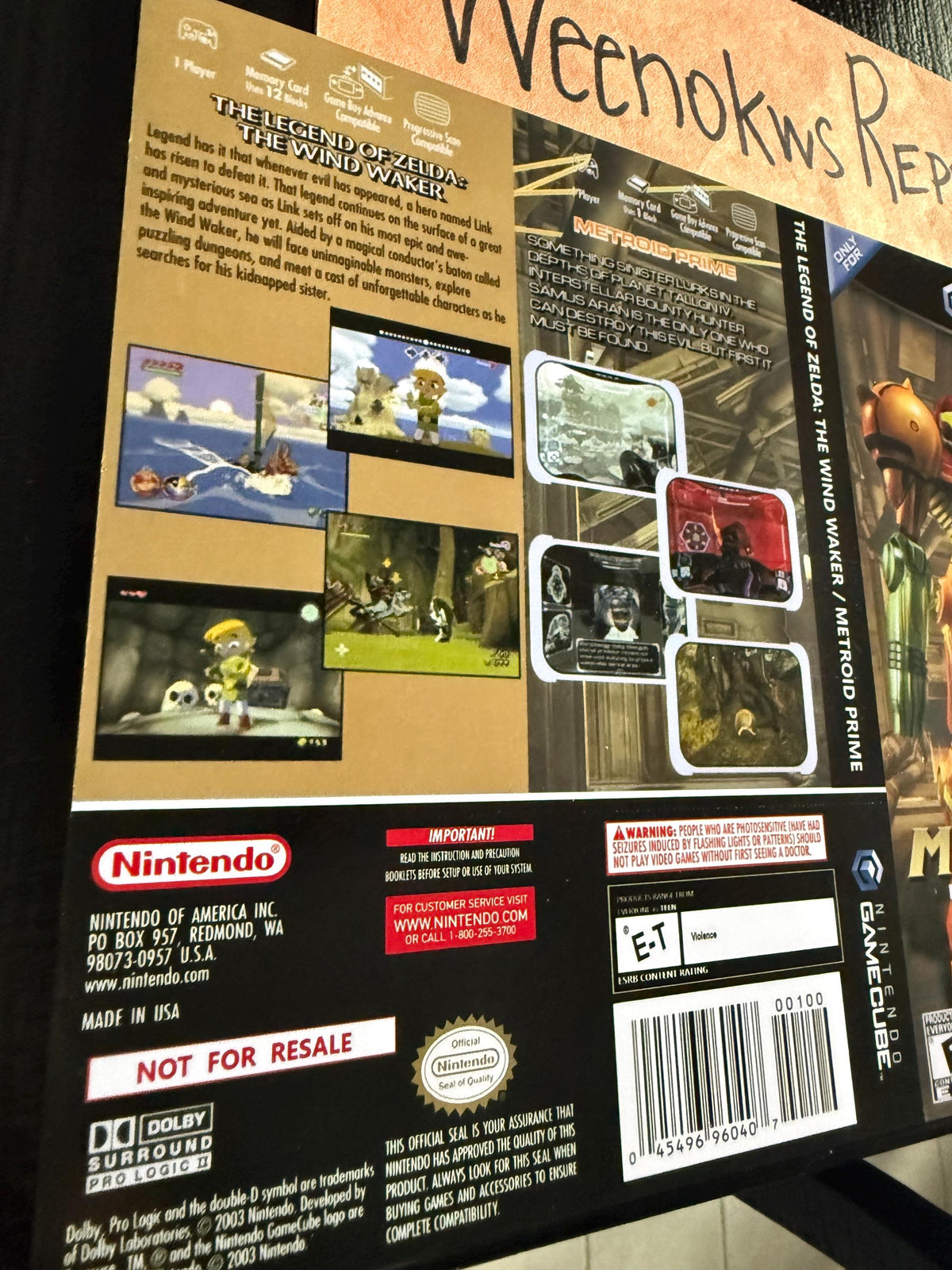 The Legend of Zelda Windwaker and Metroid Prime REPLACEMENT Art Only No Case! GameCube