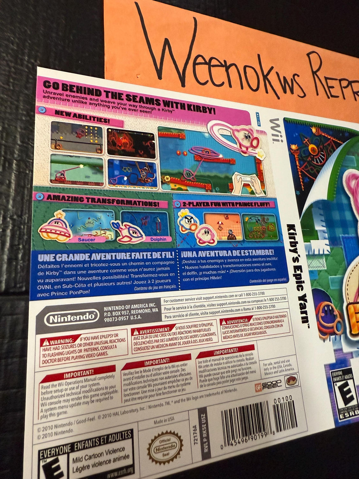 Kirby’s Epic Yarn REPLACEMENT Artwork Only No Case! Nintendo Wii