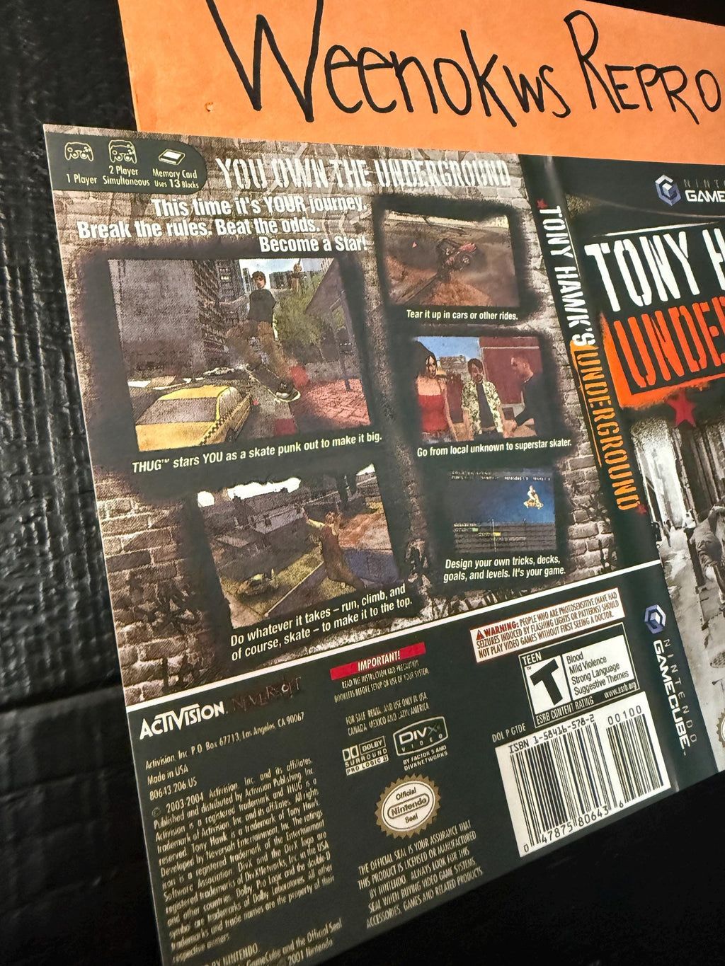 Tony Hawk’s Underground REPLACEMENT Art Only No Case! GameCube