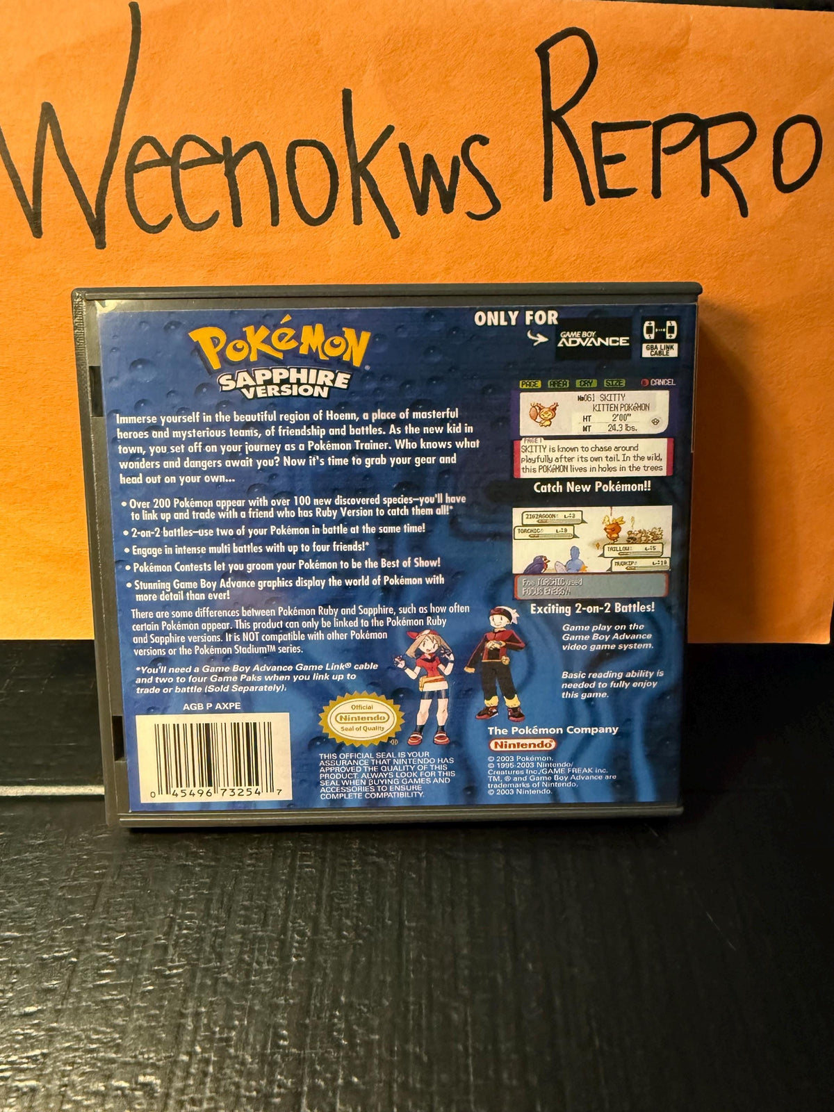 Pokémon Pokemon Sapphire version REPLACEMENT CASE No Game! Nintendo Gameboy Advance GBA