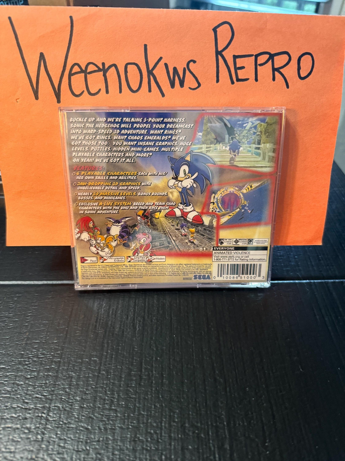 Sonic Adventure 1 Limited Edition REPRODUCTION CASE No Disc Dreamcast